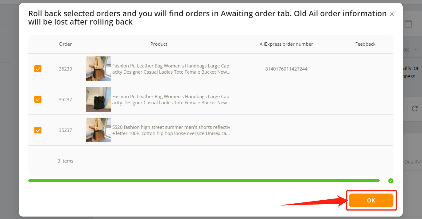 Re-order fulfilled orders - click OK - Woo DSers