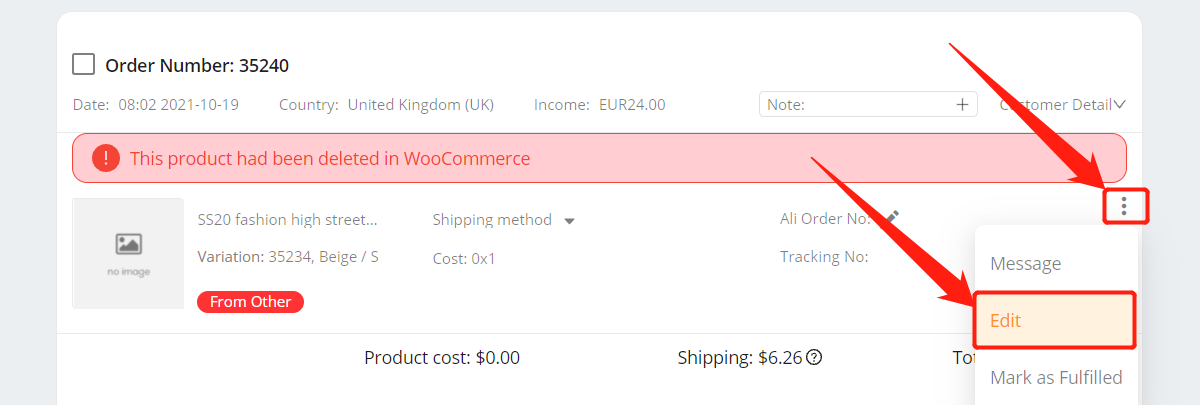 Re-order an order with deleted product - Edit - Woo DSers