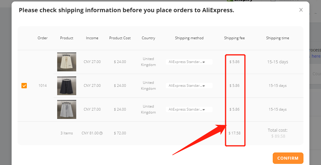Shipping fees on DSers - the shipping cost of each variation is $4.32 so the total shipping cost on DSers appears to be $12.96 - Woo DSers