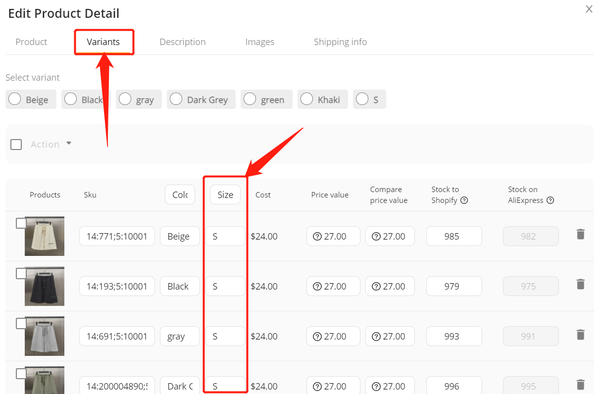 Split a product - split by size - Woo DSer