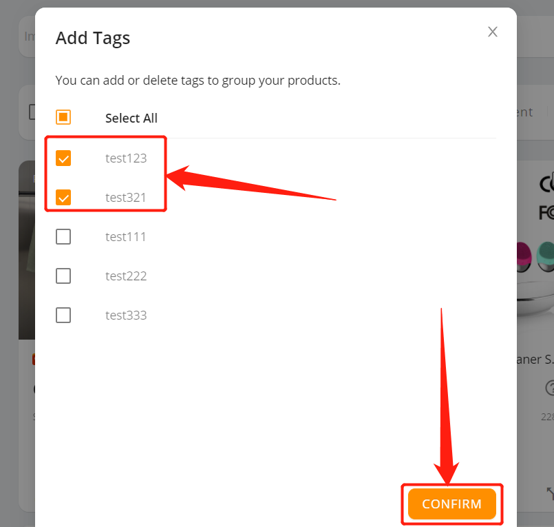 Tag products in Import List with Woo DSers - Click CONFIRM - Woo DSers