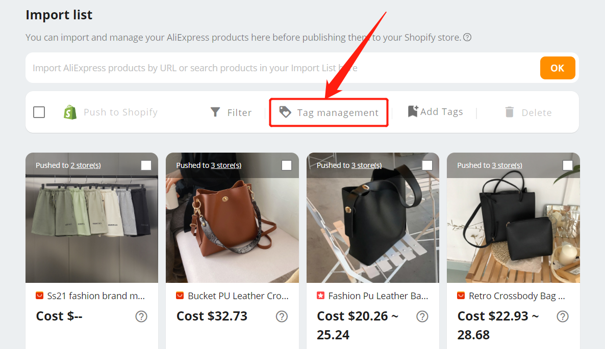 Tag products in Import List - Tag management - Shopify DSers