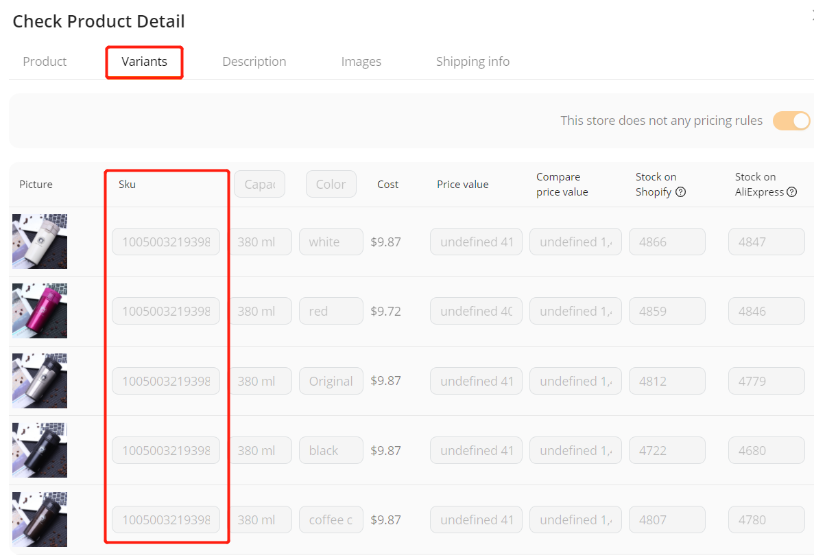 CSV bulk order - Variants tab - Shopify DSers