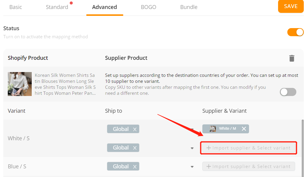 Advanced Mapping - Click Import Supplier & Select variant - Shopify DSers
