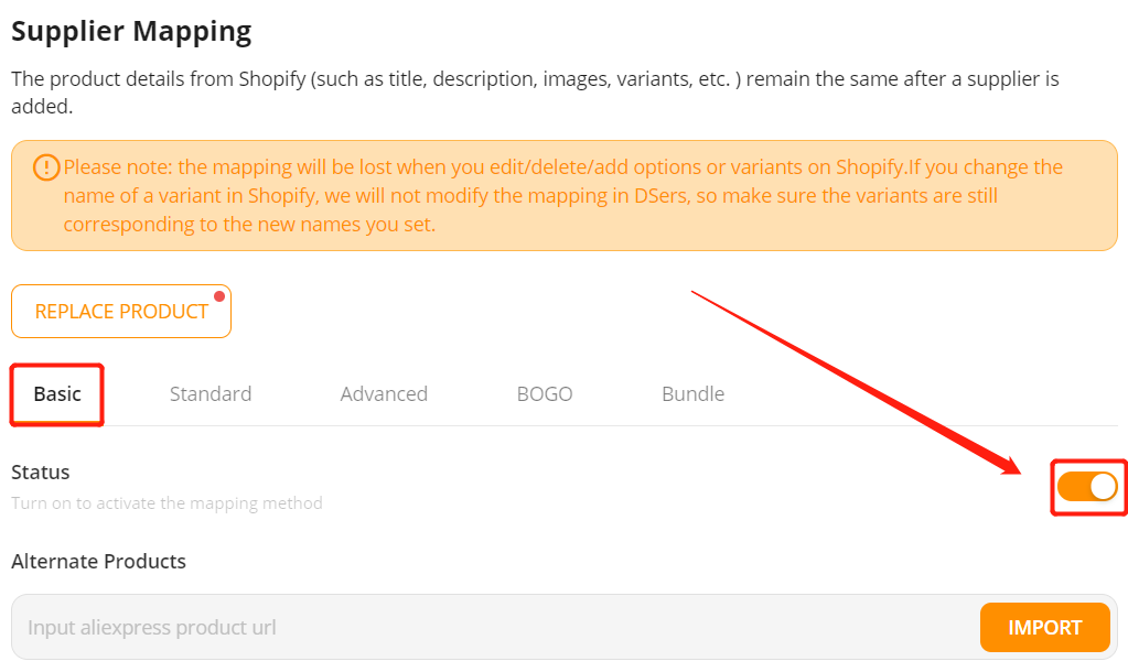 Activate the basic mapping by clicking the button below - Shopify DSers