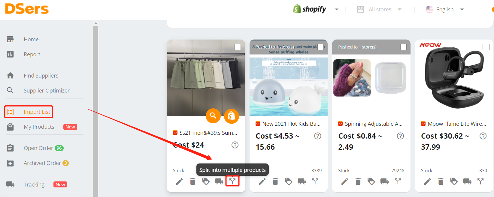 Split a product - Split into multiple products- Shopify DSers