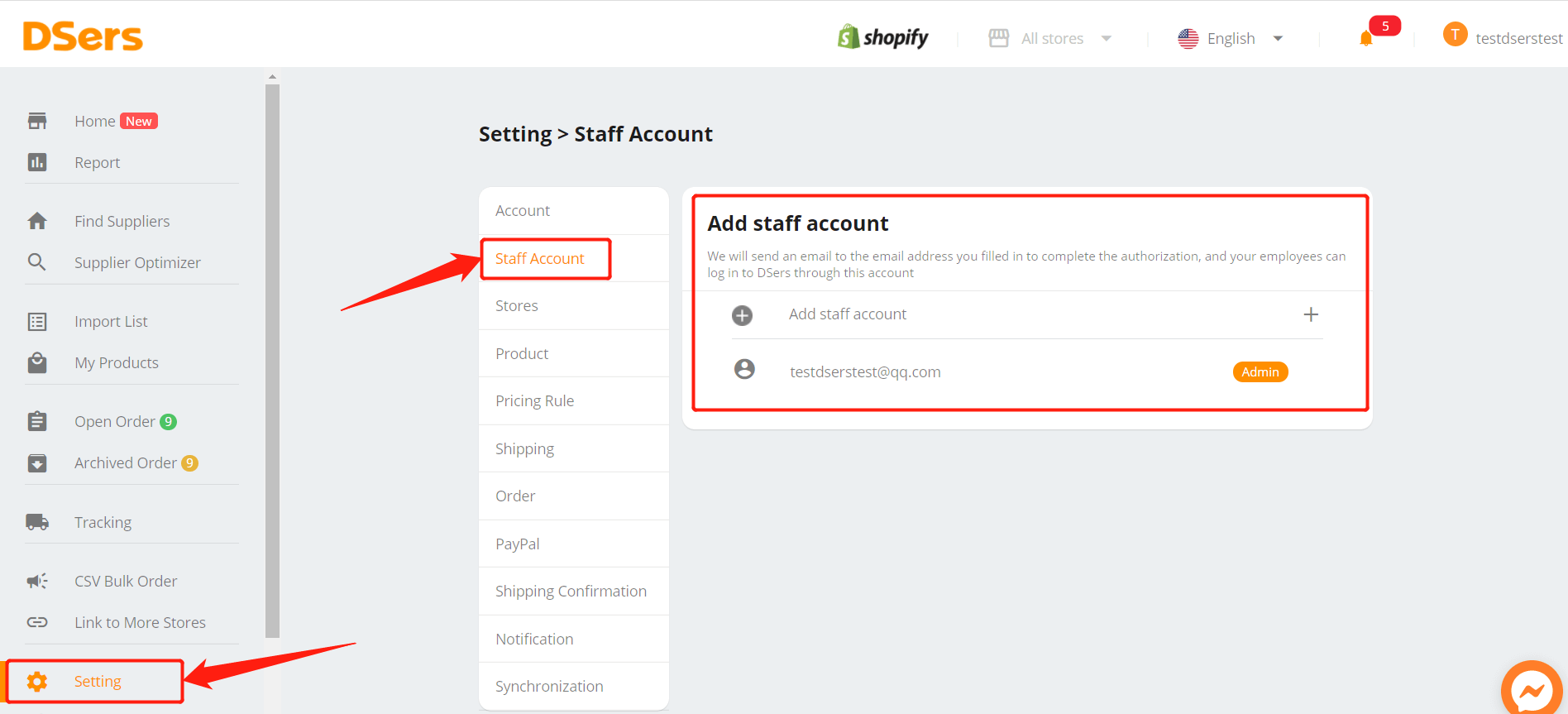 Add Staff Account to your Shopify DSers 1 - DSers