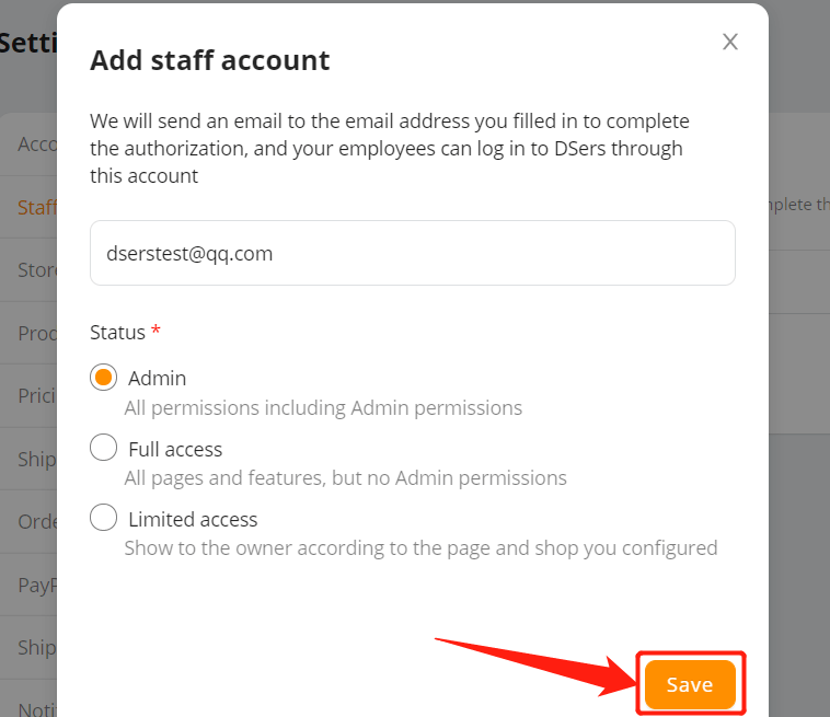 Add Staff Account to your Shopify DSers 5 - DSers