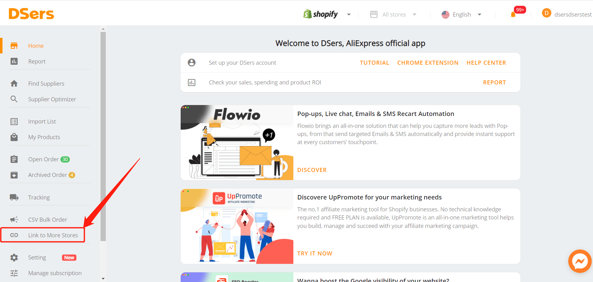 Add a Shopify store - Click on Link to more stores to add a new Shopify store - DSers