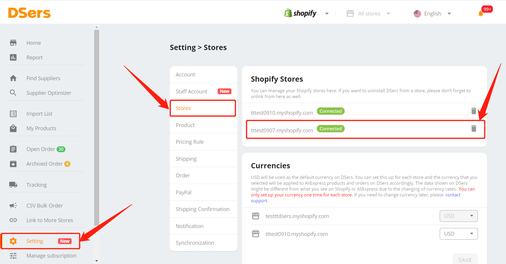 Add a Shopify store - find your new store in DSers – Setting – Stores - DSers