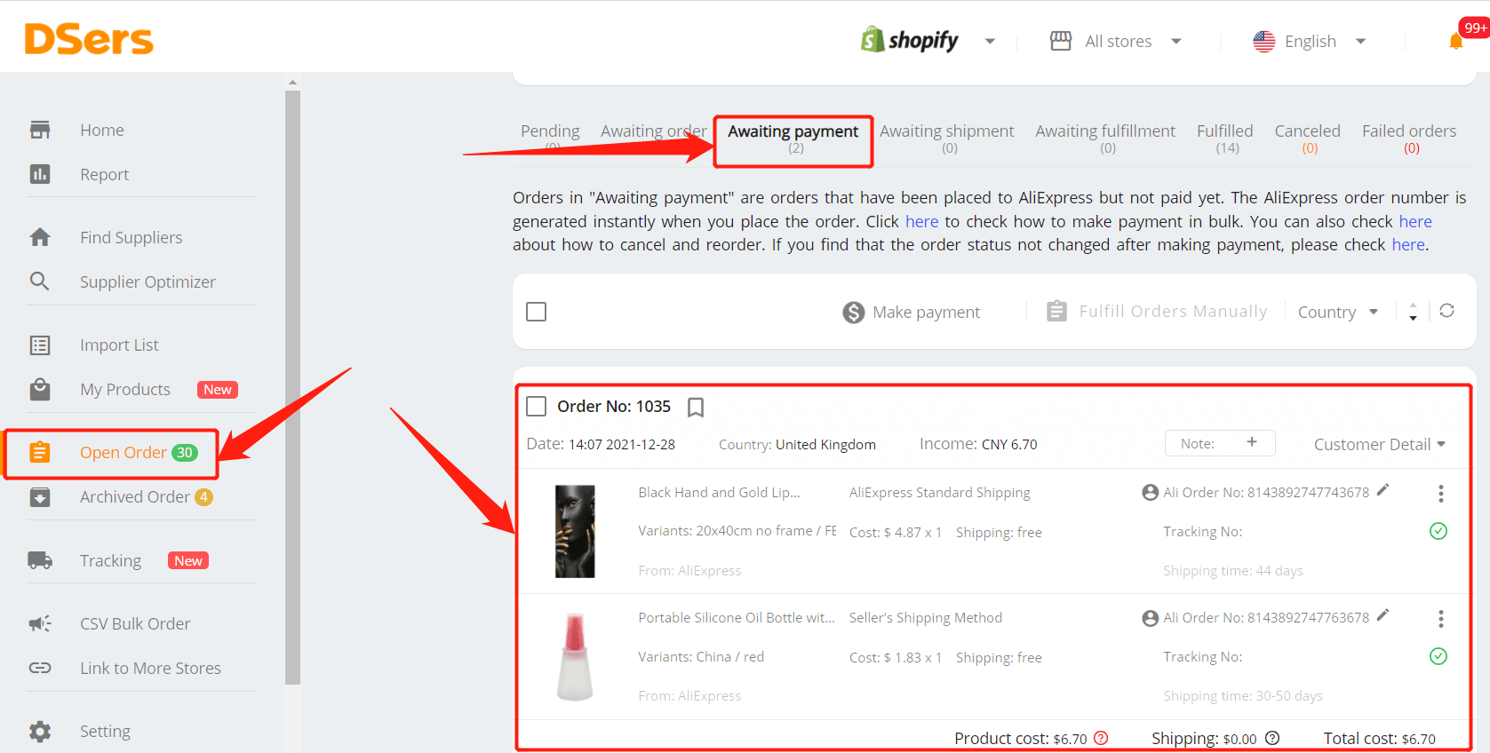 Awaiting fulfillment introduction - DSers – Open Order – Awaiting payment - Shopify DSers