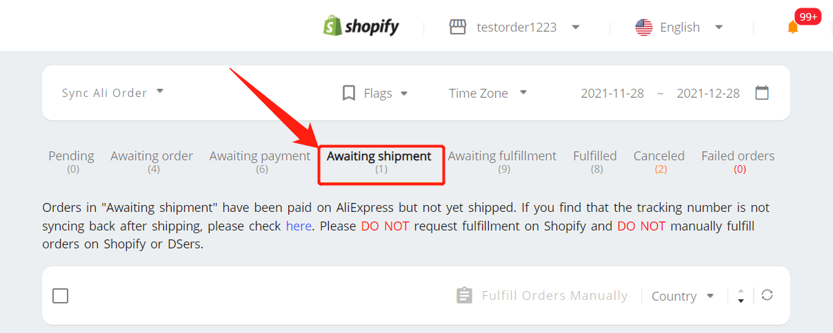 Awaiting fulfillment introduction - Awaiting shipment tab - Shopify DSers