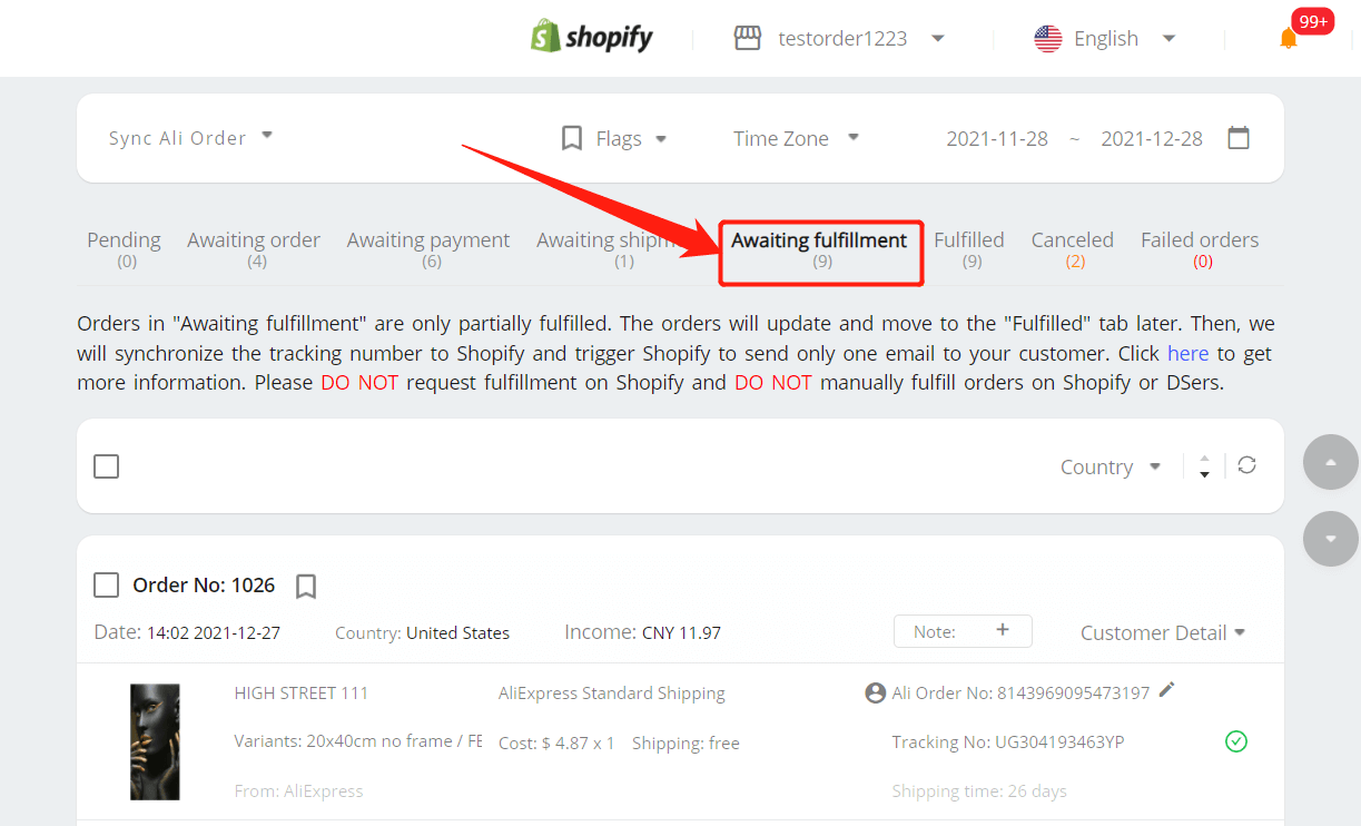 Awaiting fulfillment introduction - tracking number has been synchronized from AliExpress to DSers - Shopify DSers