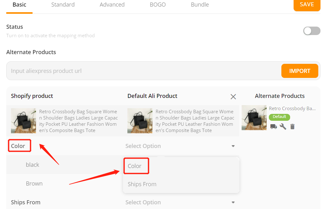 Connect AliExpress suppliers to your products - Select attributes and variations - Shopify DSers