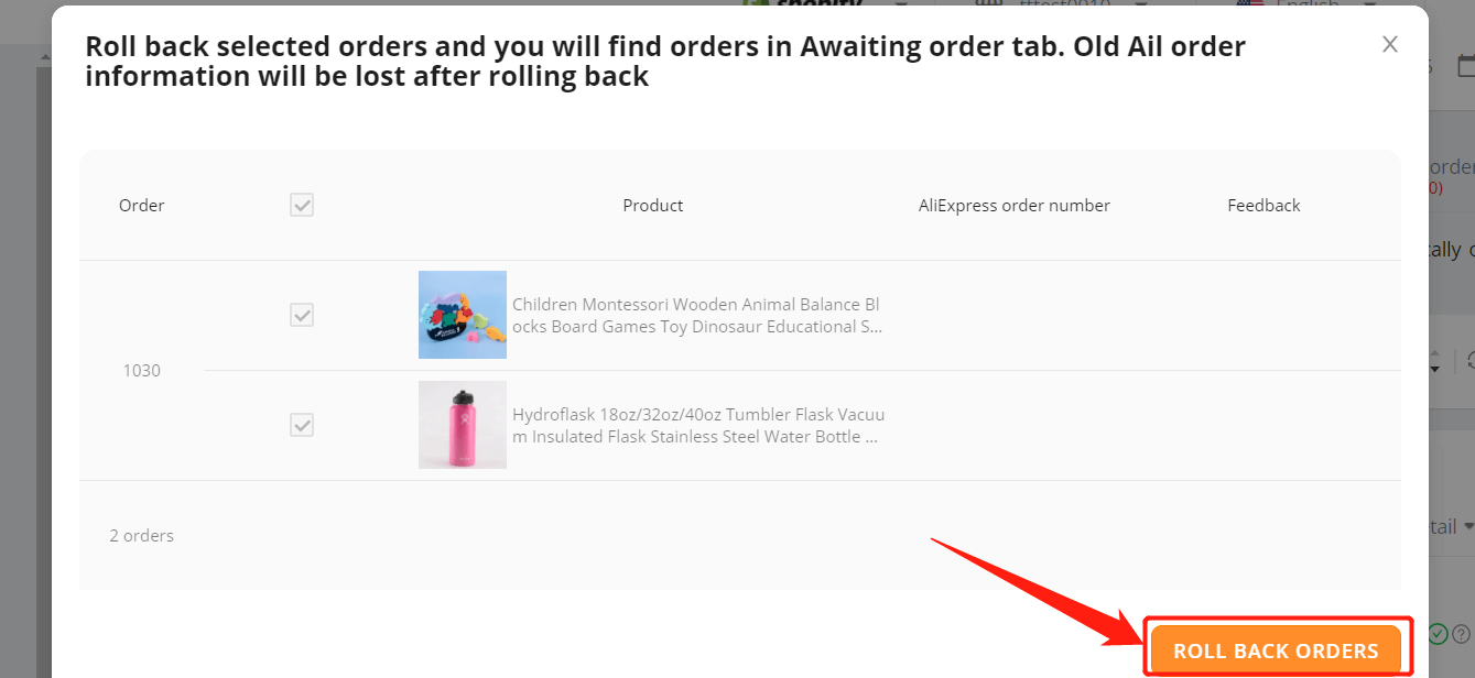  Cancel fulfillment of an order on DSers - Click on Roll back orders - Shopify DSers 