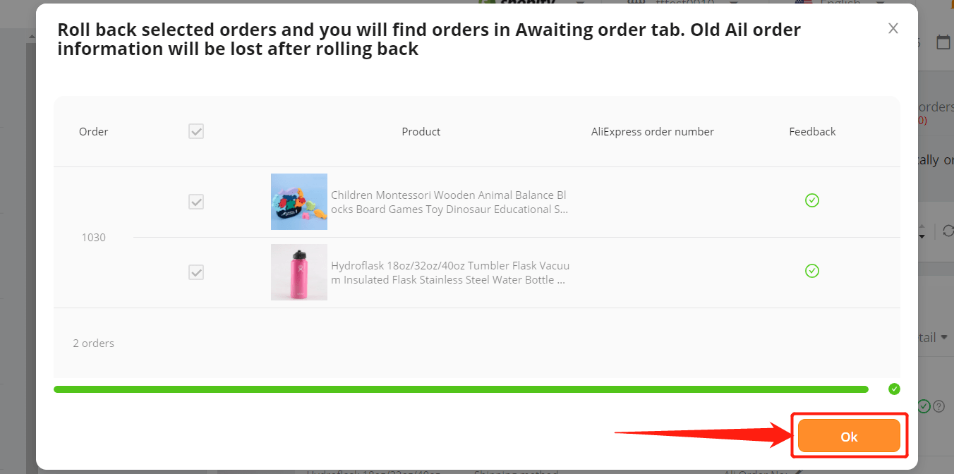 Cancel fulfillment of an order on DSers - Click OK - Shopify DSers