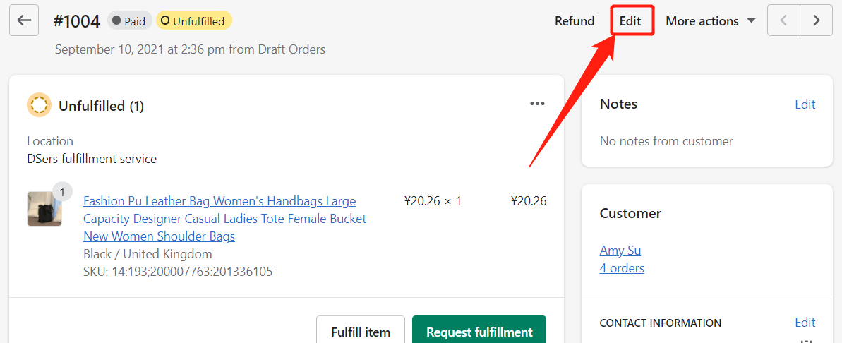 Change quantity of an order - click on Edit - Shopify DSers