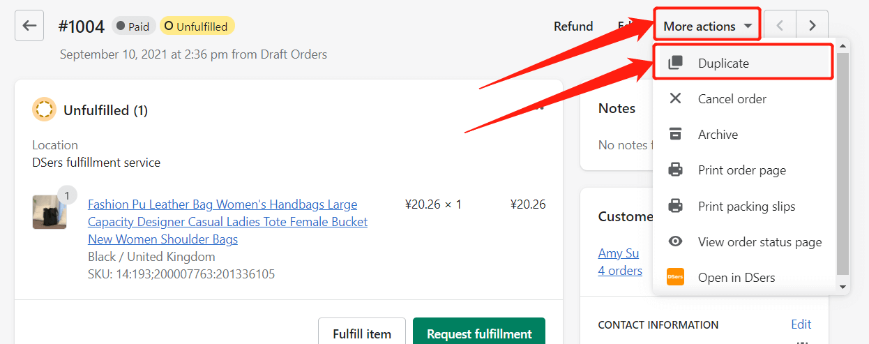 Change quantity of an order - More action - Duplicate - Shopify DSers