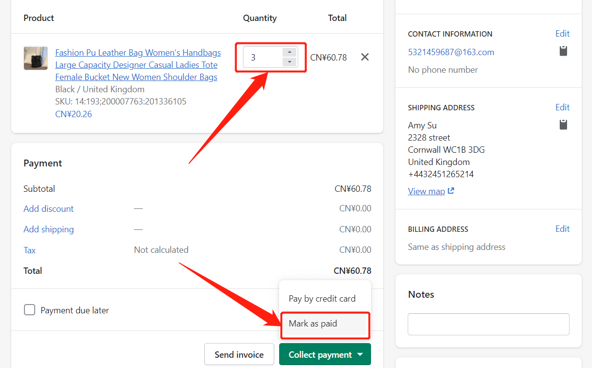 Change quantity of an order - click on Mark as paid - Shopify DSers
