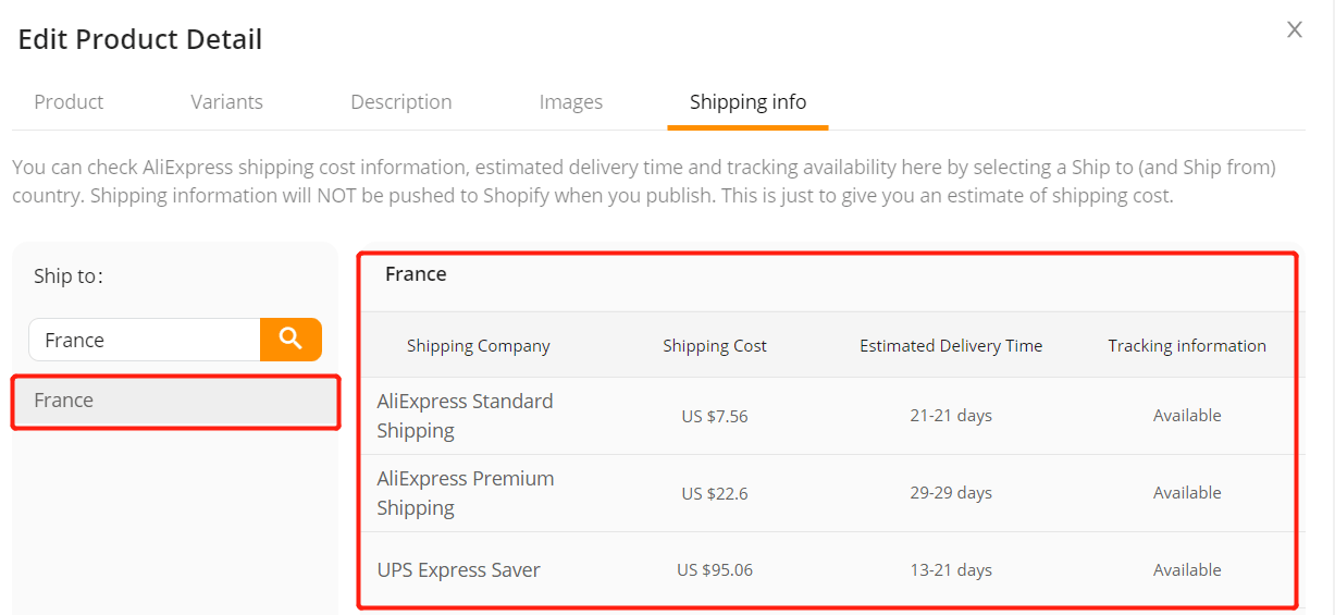 Check available shipping methods - Shipping Cost, the Estimated Delivery Time - Shopify DSers