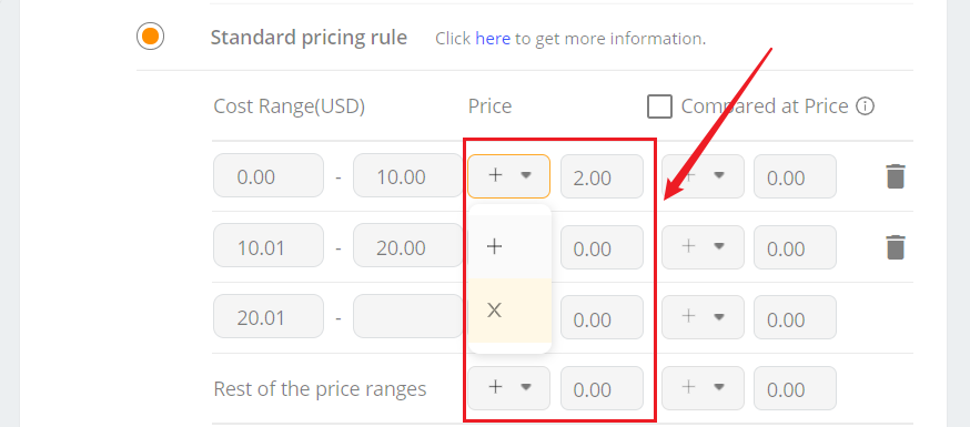 Standard Pricing Rule - Choose to add or multiply the cost - DSers