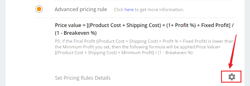 Advanced Pricing Rule - Click Grey Setting Button - DSers