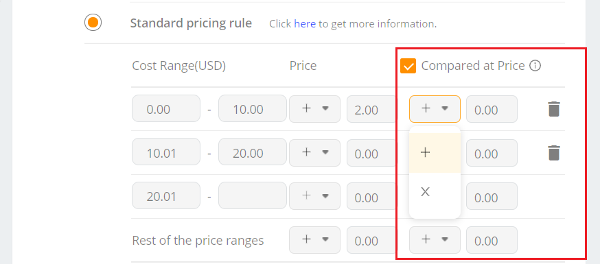 Standard Pricing Rule - Compared price - DSers