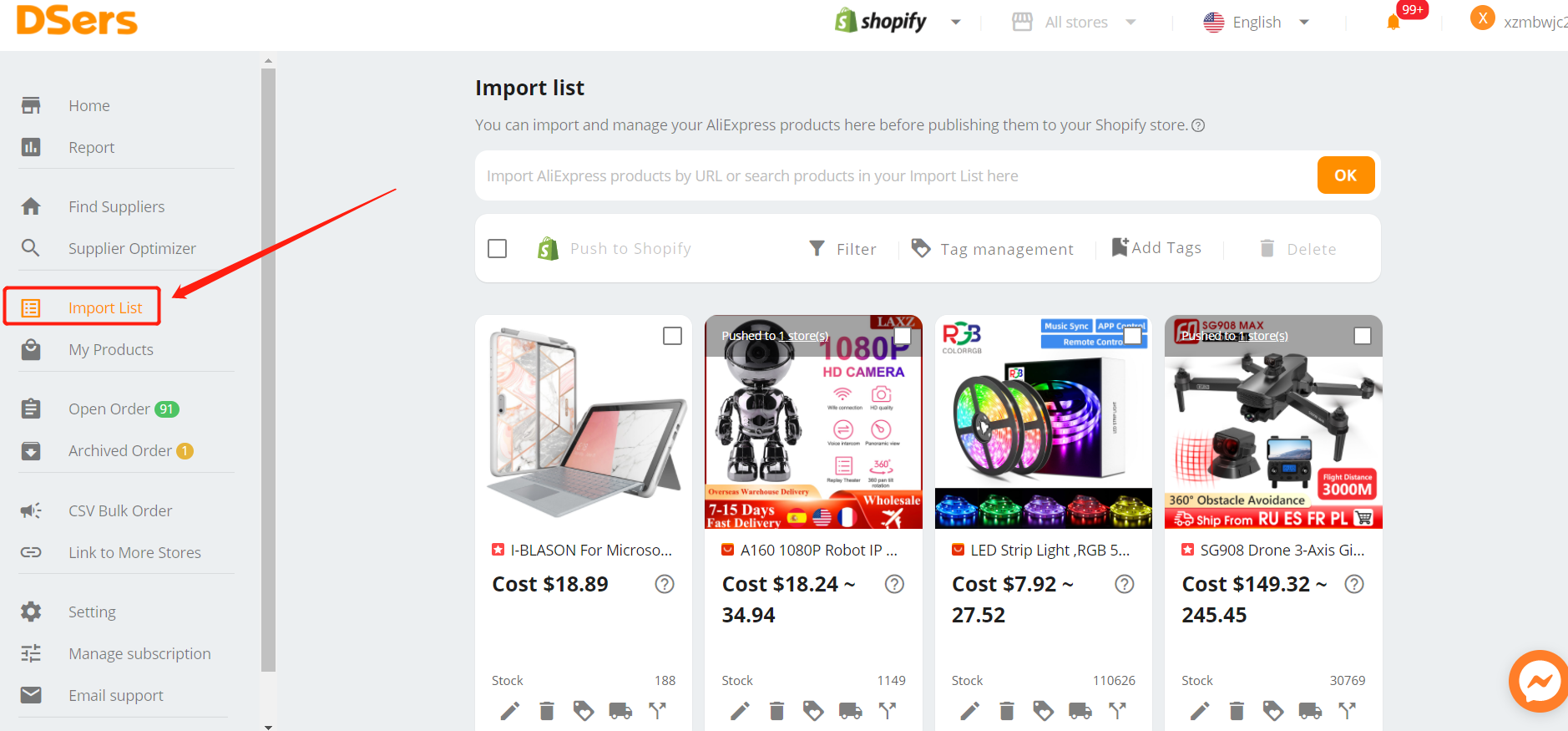 Import products from AliExpress - Import List - Shopify DSers