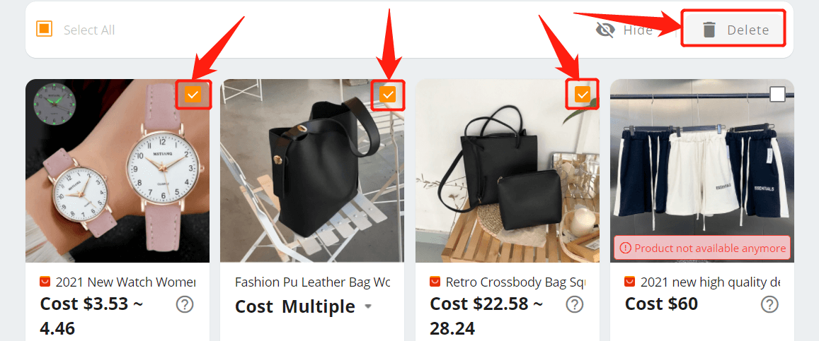 DSers My Products page - select all the products you want to delete and click Delete on the top right corner - DSers