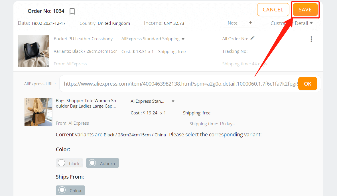 Edit an order on DSers - Save your changes - Shopify DSers