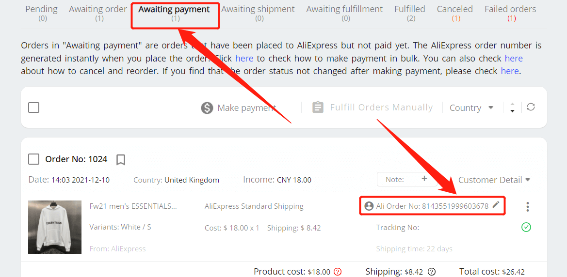 Fulfill an order from start to finish - Awaiting payment tab - Shopify DSers