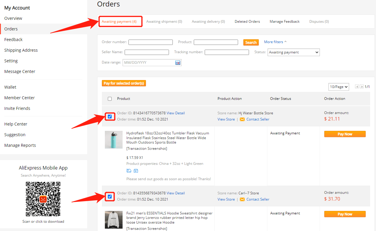 Fulfill multiple orders from start to finish - AliExpress Orders page - Shopify DSers