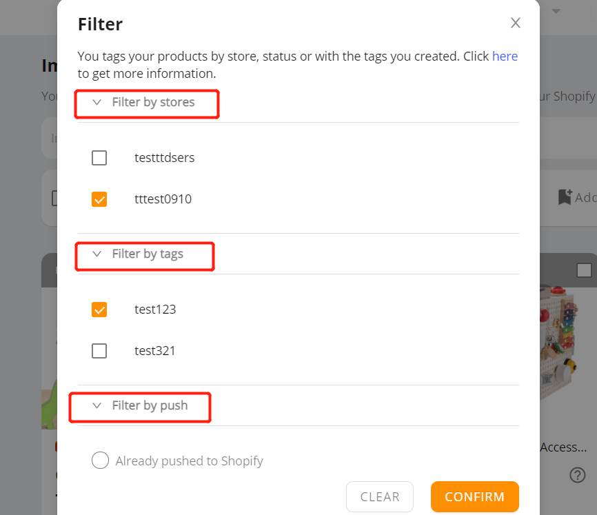 Import List - filter the products by stores, tags or whether it is pushed to your Shopify store or not - DSers