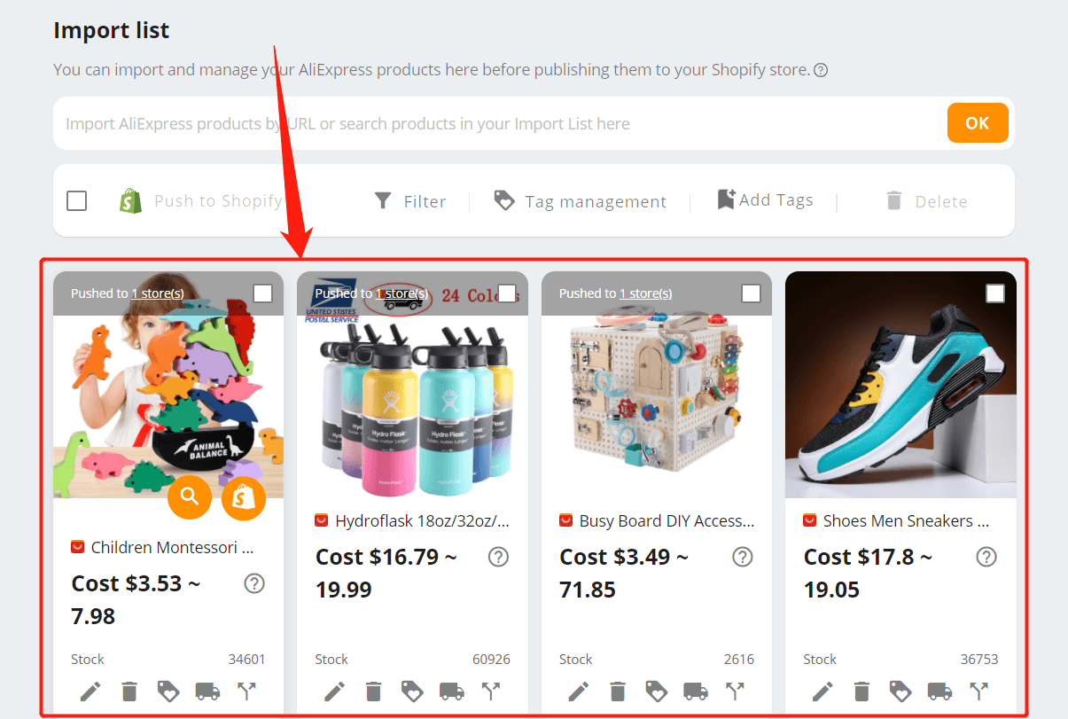 Import List - Products imported from AliExpress will appear in the Import List - DSers