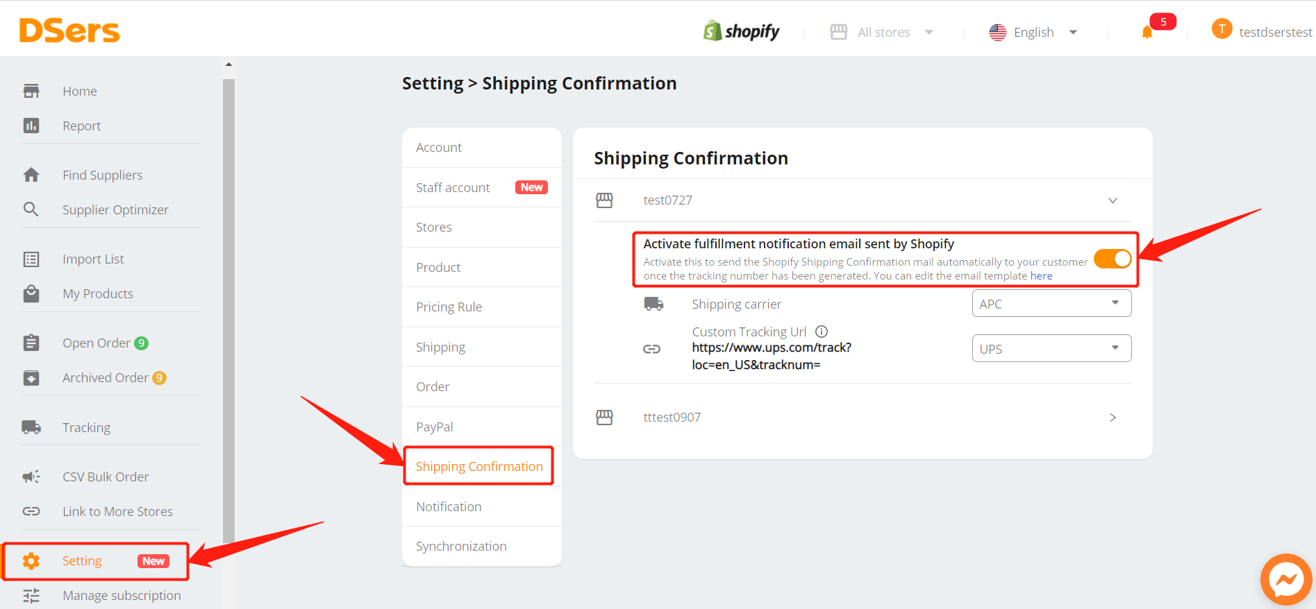 Order status automatic synchronization introduction - DSers - Setting - Shipping Confirmation - Shopify DSers