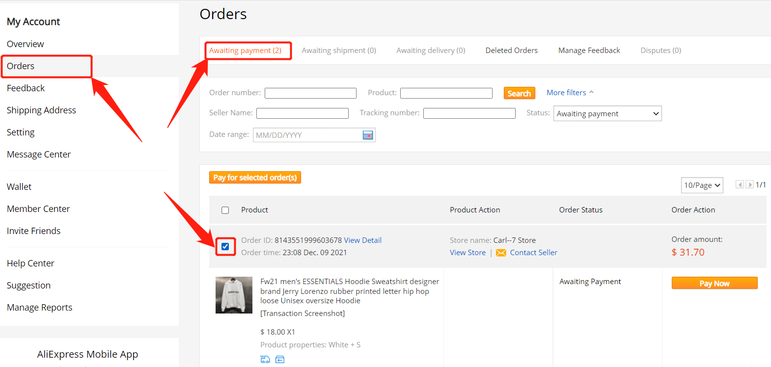 Pay an order on AliExpress - Awaiting payment - Shopify DSers