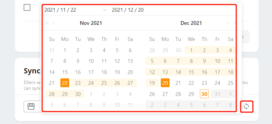 Pending orders introduction - Select a date range and click on Sync icon - Shopify DSers
