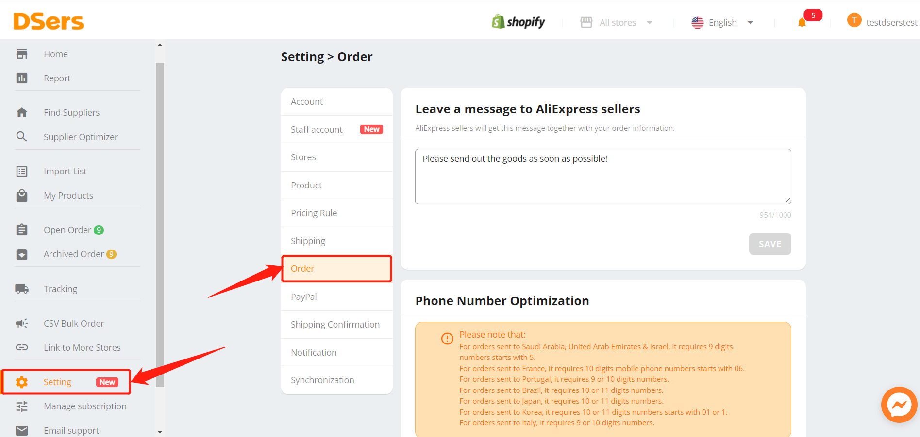 Phone Number Optimization - Go to DSers – Setting – Order - DSers