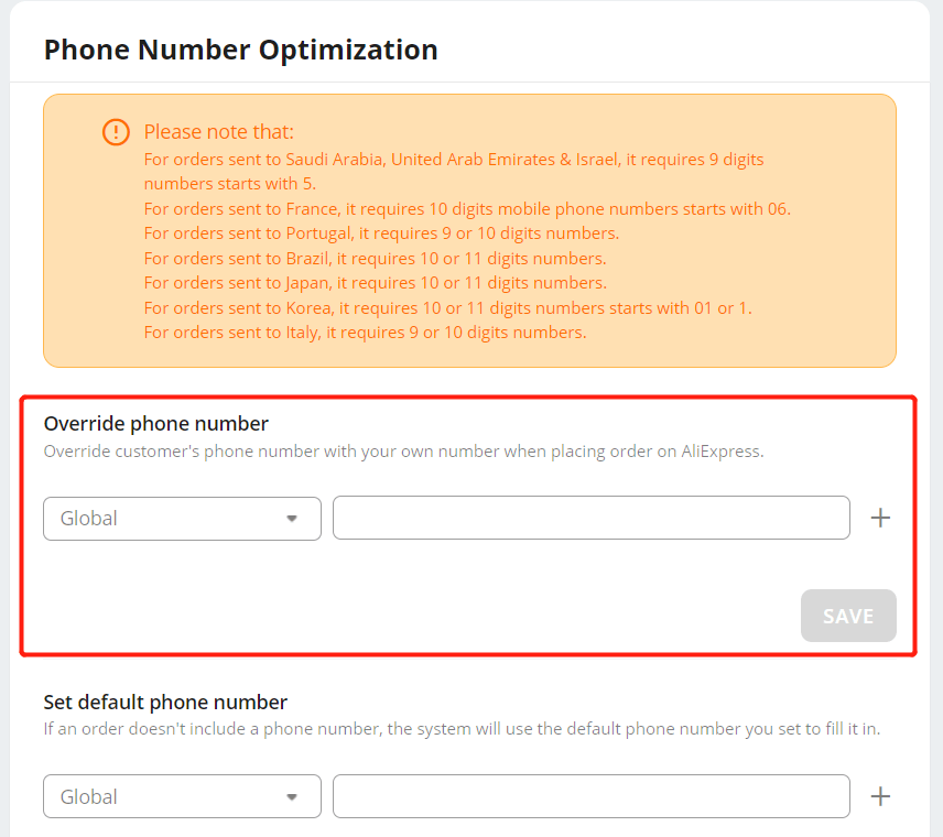 Phone Number Optimization - Override phone number - DSers