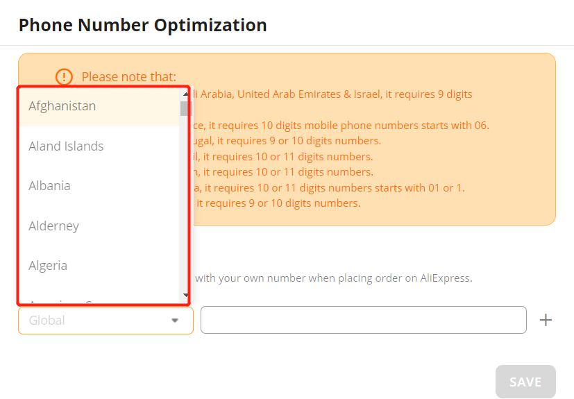 Phone Number Optimization - Select the country - DSers