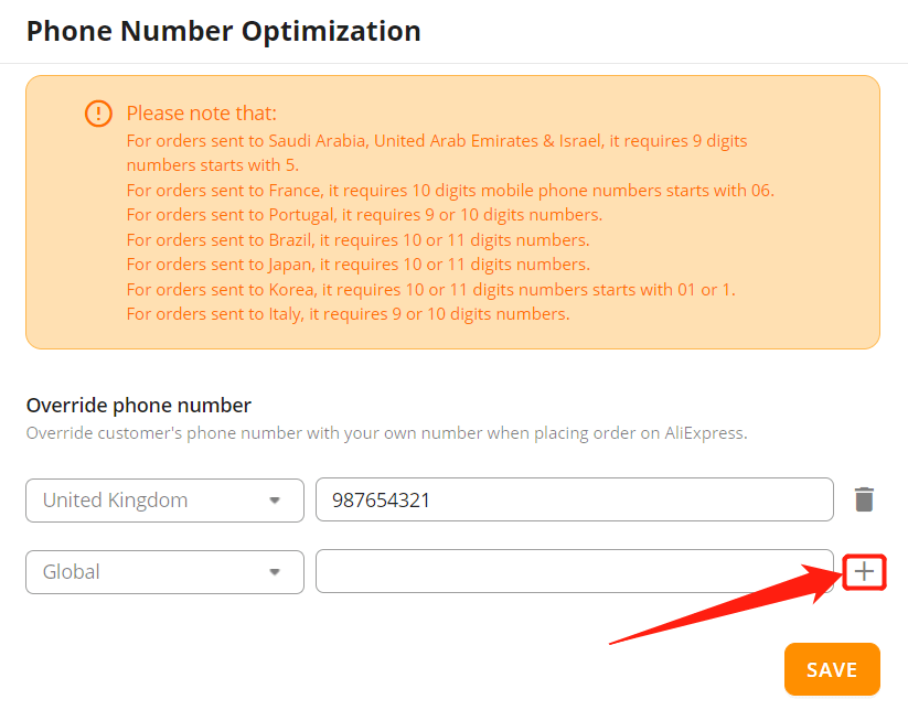 Phone Number Optimization - click the plus icon - DSers