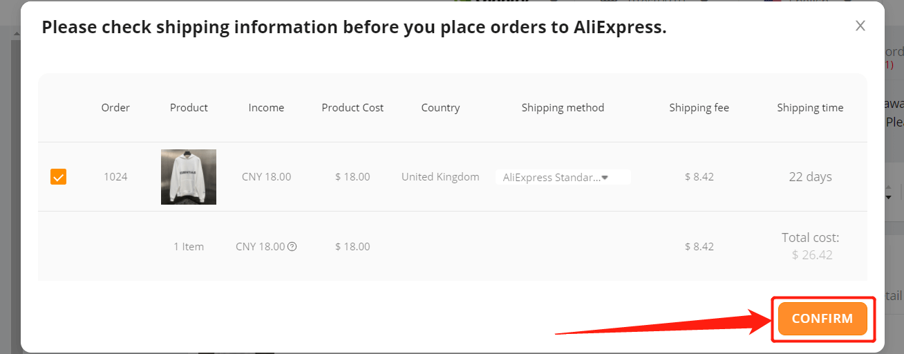Place an order from Shopify to AliExpress - Click confirm - DSers