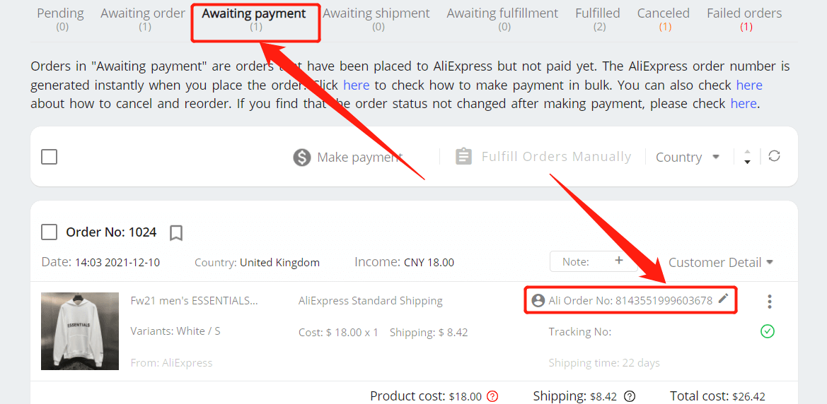 Place an order from Shopify to AliExpress - Awaiting Payment tab - DSers