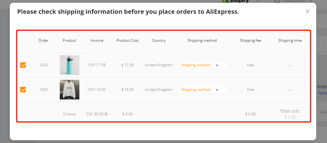 Place multiple orders from Shopify to AliExpress - Pop-up window - Shopify DSers