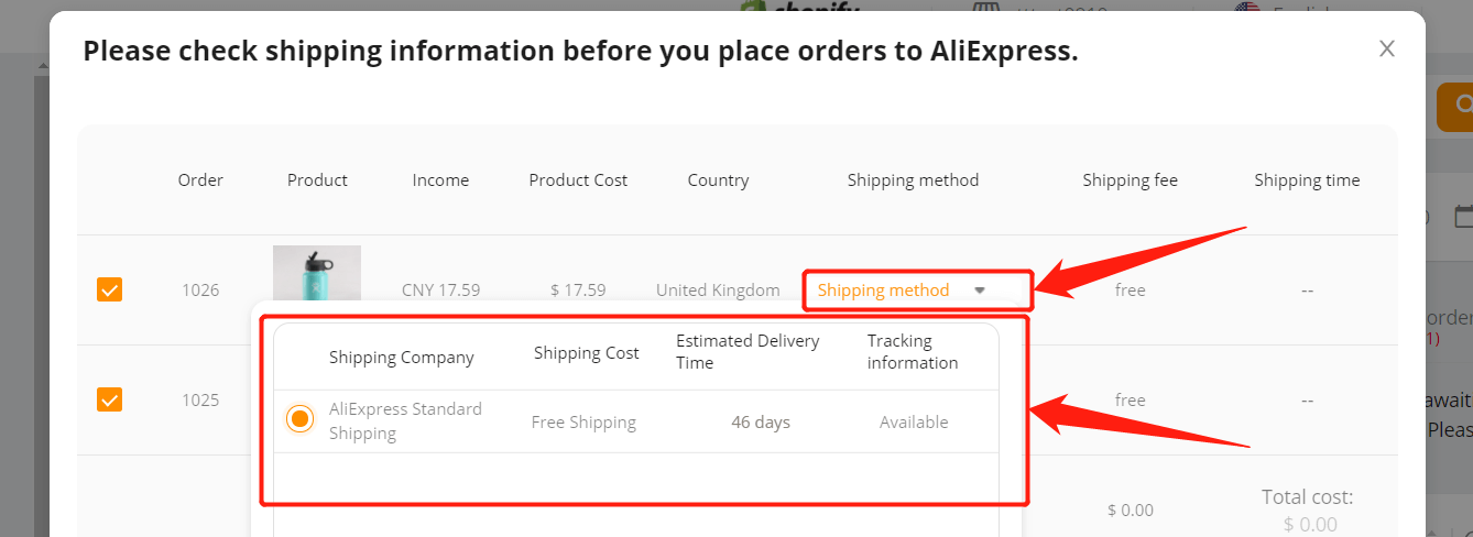 Place multiple orders from Shopify to AliExpress - Shipping method - Shopify DSers