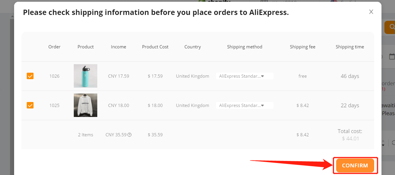 Place multiple orders from Shopify to AliExpress - Confirm - Shopify DSers