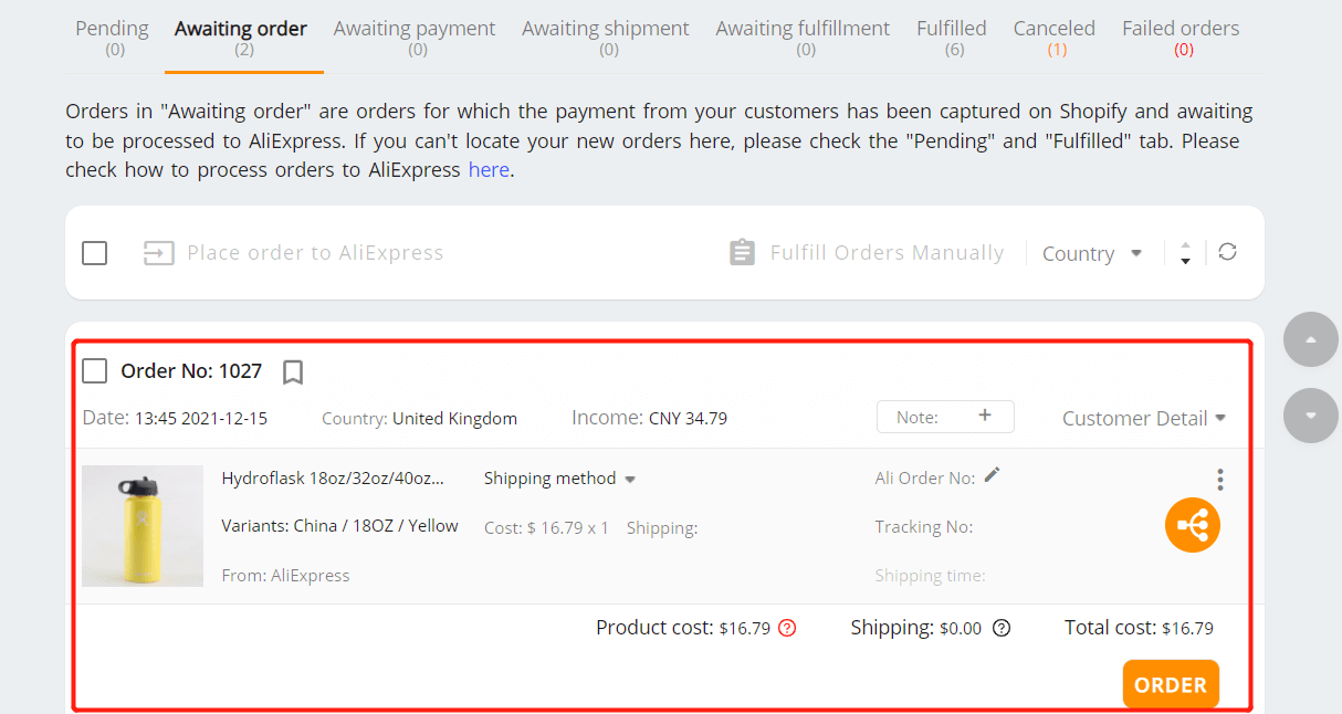 Place part of an order - Awaiting order tab - DSers