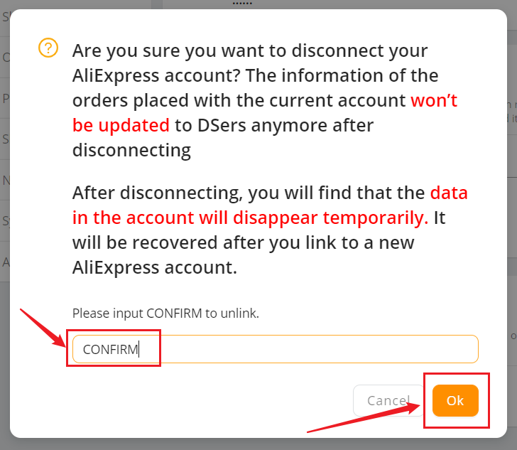 Disconnect AliExpress Account on DSers - Pop-up confirm window - DSers