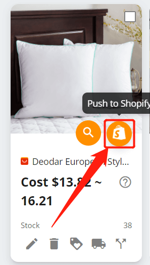 Push a product to your Shopify store - hover on the product and click the Push to Shopify button - Shopify DSers