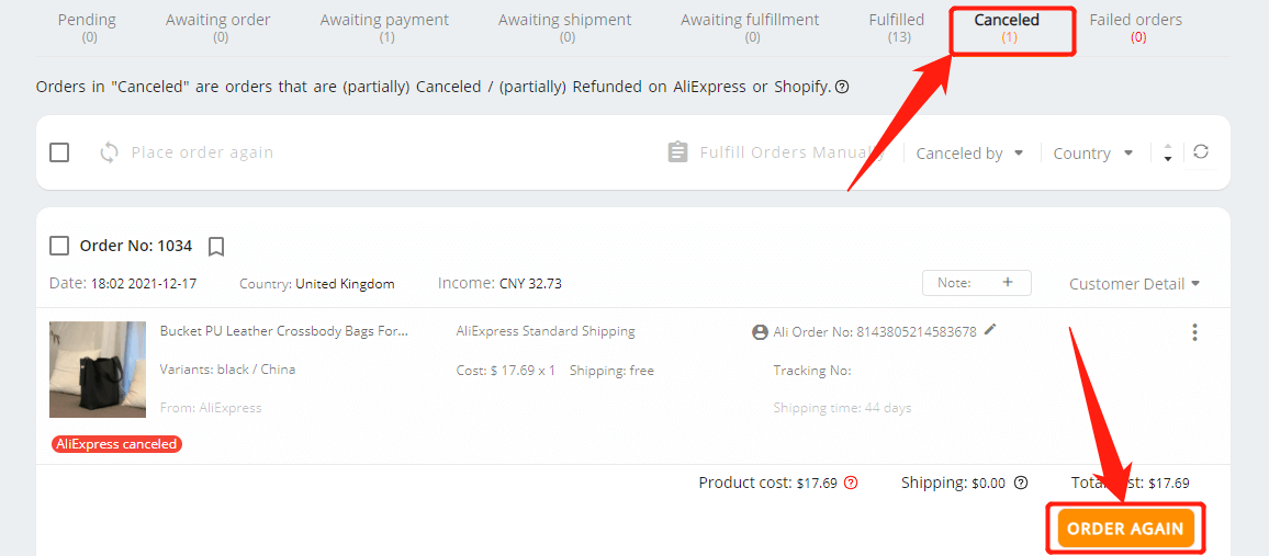 Re-order AliExpress canceled orders - click on ORDER AGAIN - Shopify DSers